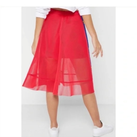 ADIDAS Pink Sheer Tulle Overlay Mesh 3 Blue Stripes Floral Embroidery Skirt EC S - Picture 6 of 16